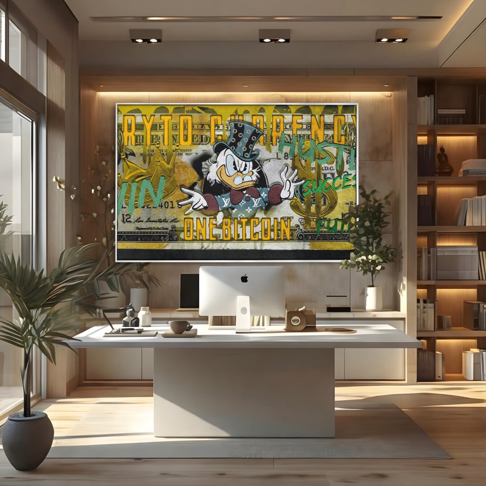Tablou canvas cu tablou canvas cu donald duck si bitcoin, in rama de aluminiu argintiu, pe perete intr-un birou